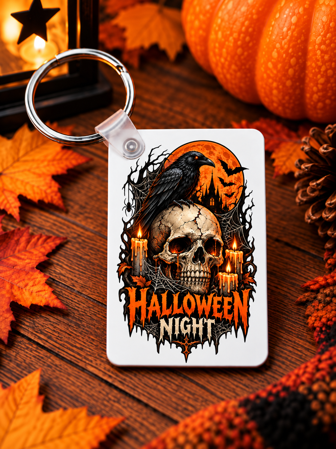 Halloween Night keychain with spooky witch and pumpkin artwork

