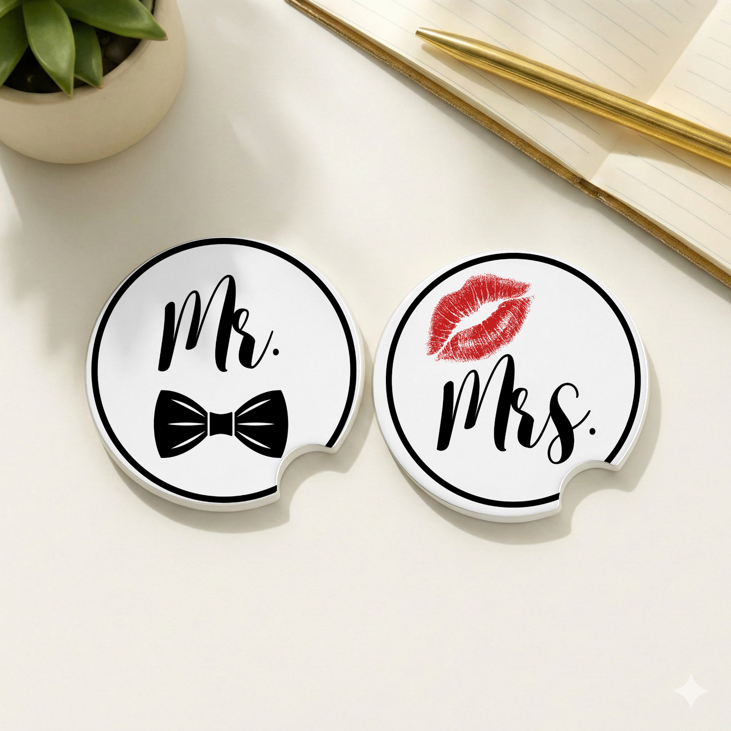 Mr. & Mrs. Ceramic Car coaster- Set of 2