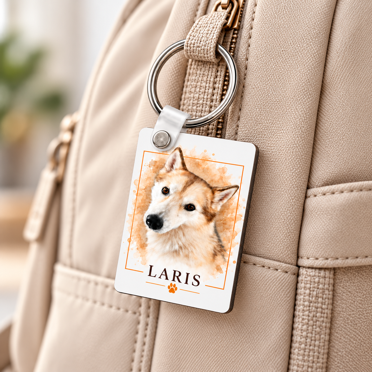 Personalized pet photo keychain attached to a backpack