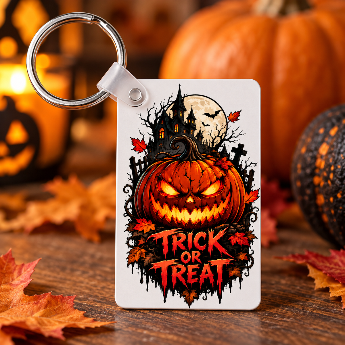  Trick or Treat pumpkin Halloween keychain with spooky gothic design
