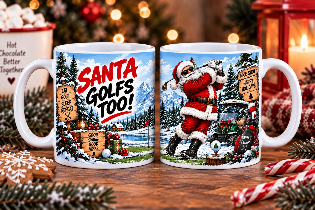Golf: Santa Golfs Too Christmas mug for golf lovers