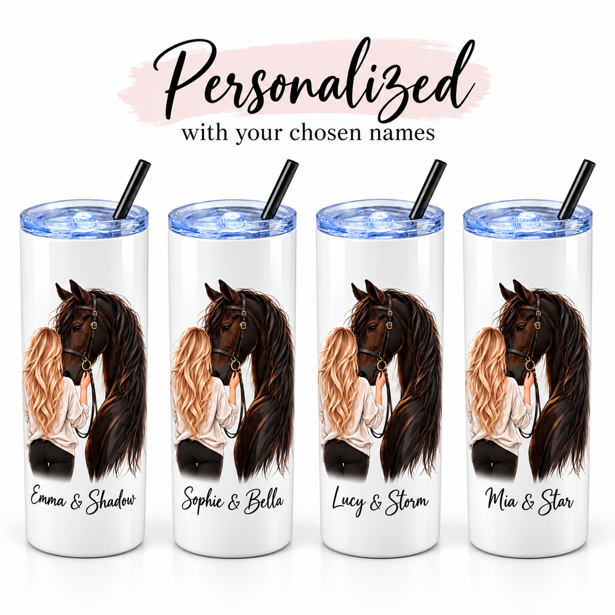 Horse lover tumbler shown with different personalized girl and horse names