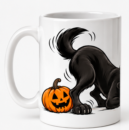   Labrador Halloween mug with black dog and orange pumpkin design