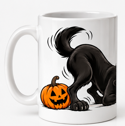  Labrador Halloween mug with black dog and orange pumpkin design