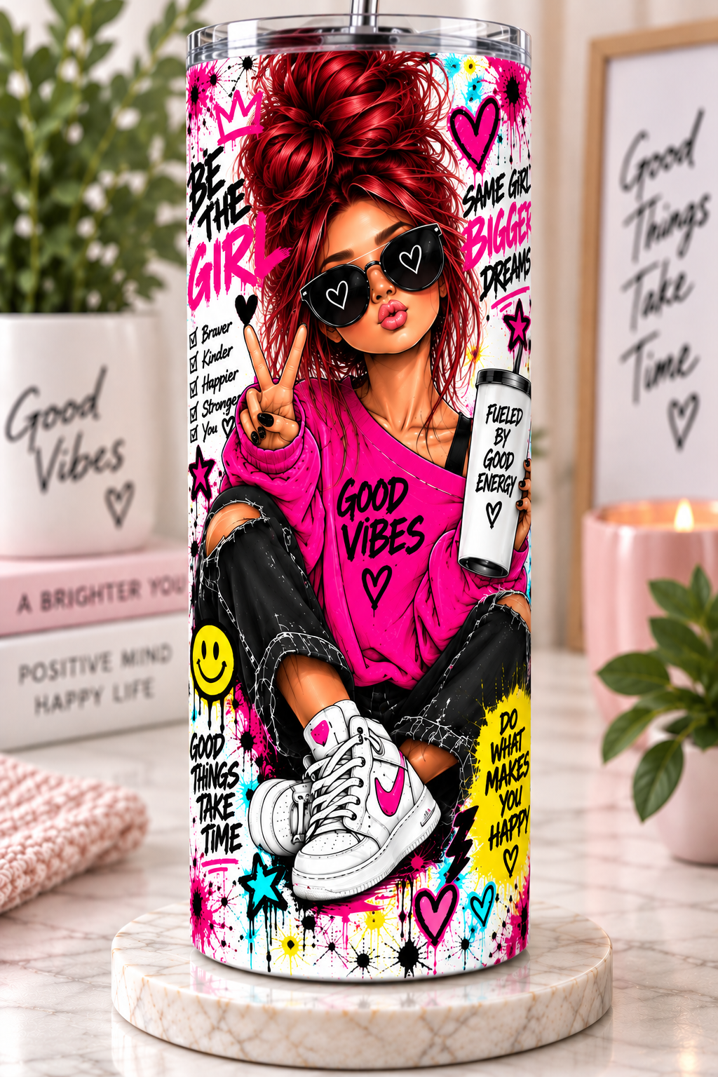 Good vibe tumbler with red hair.