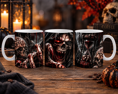 Dark skeleton Halloween coffee mug with horror artwork