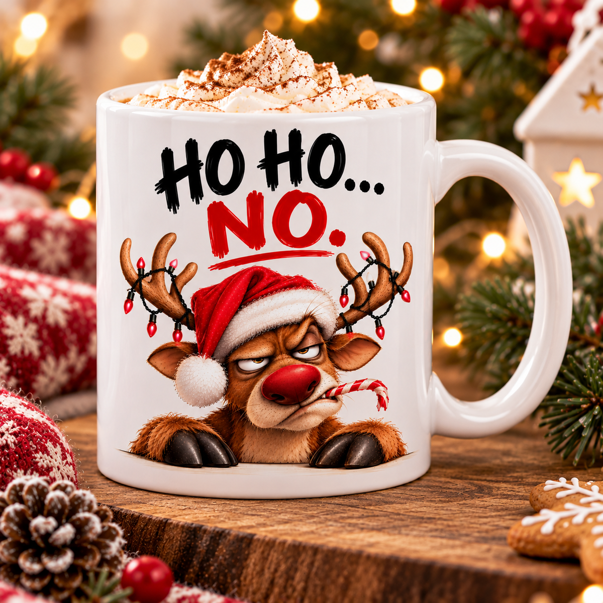 Lifestyle Funny Christmas reindeer mug with hot chocolate in a festive setting