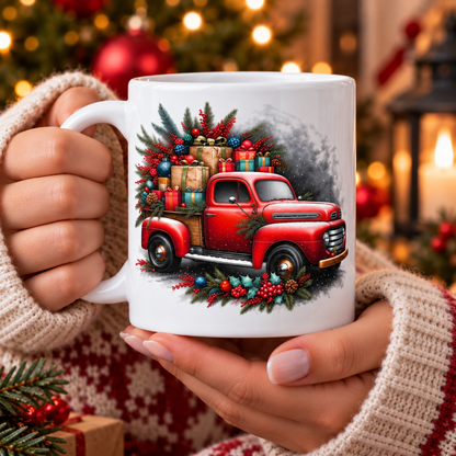 Vintage red truck holiday mug held in hand