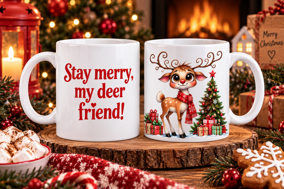 Two-sided Christmas mug showing quote and festive reindeer designs