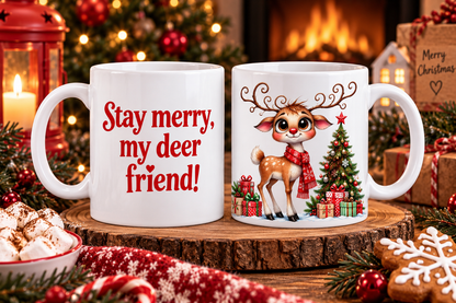 Two-sided Christmas mug showing quote and festive reindeer designs