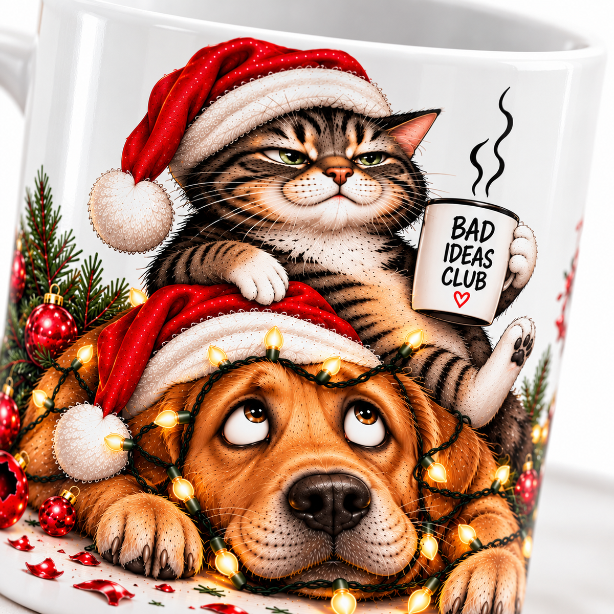 Close-up of funny Christmas mug design featuring a mischievous cat holding a Bad Ideas Club cup and a dog wrapped in festive lights.