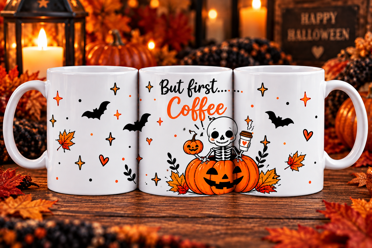 But First Coffee Halloween mug with skeleton and pumpkin design