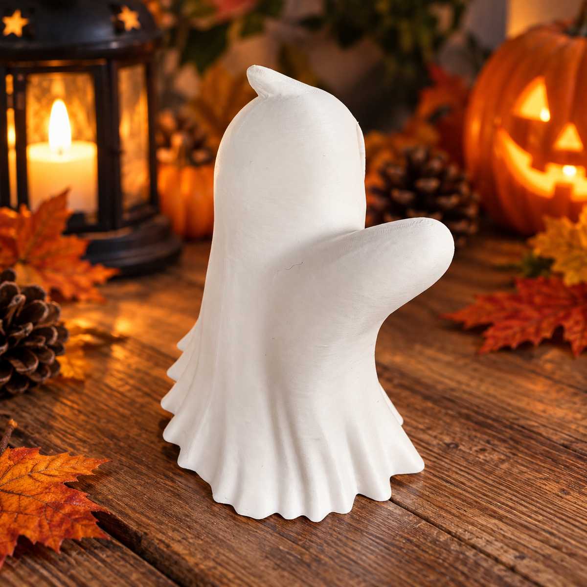 Side view of white 3D printed ghost LED tea light holder