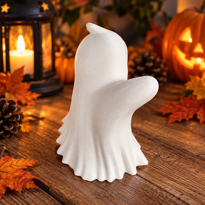 Side view of white 3D printed ghost LED tea light holder