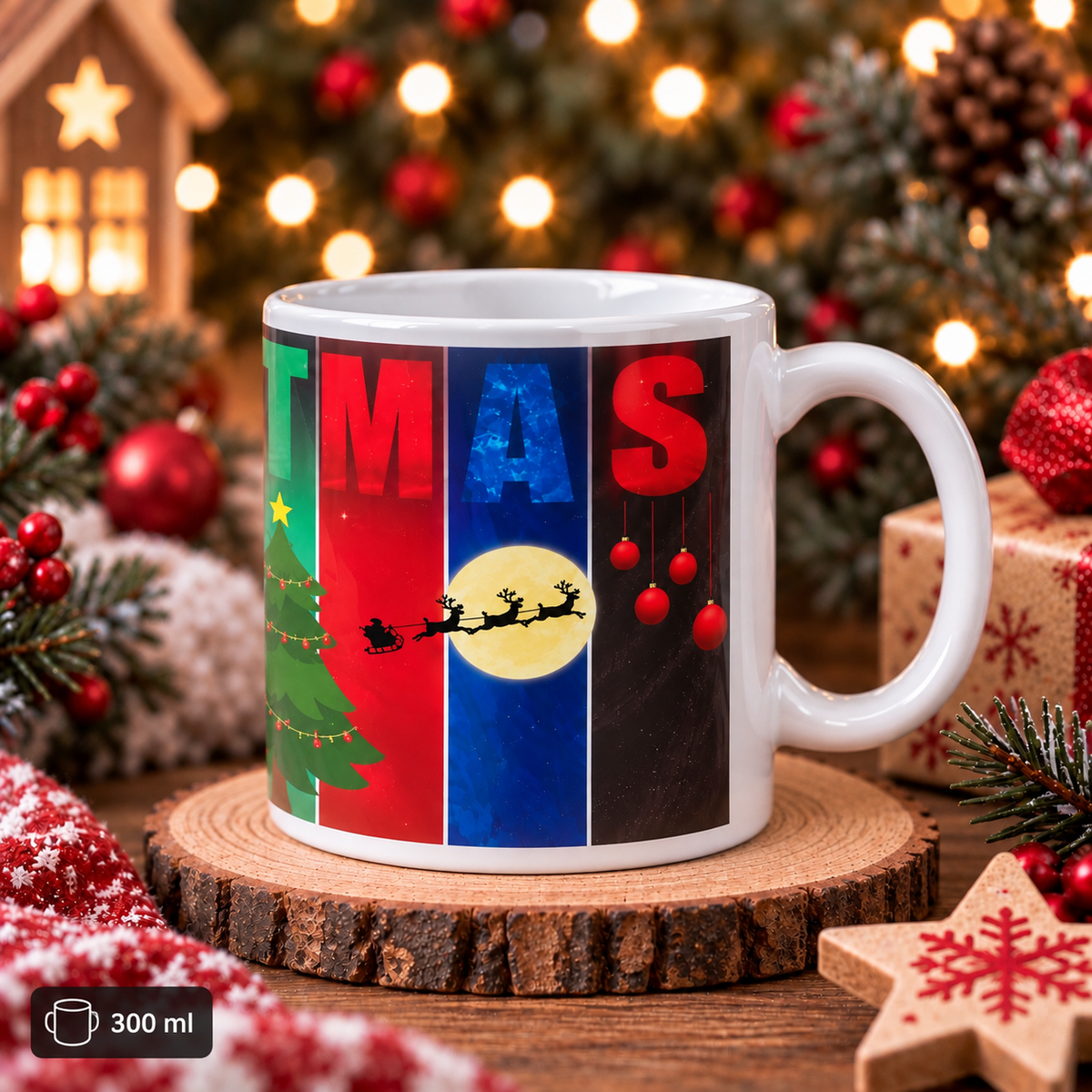 Festive Christmas mug with Santa sleigh moon and ornaments design