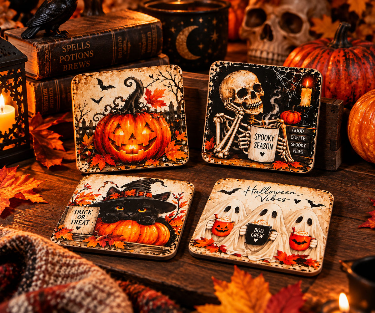 Vintage-style Halloween coasters displayed together with pumpkin, skeleton, black cat and ghost designs.