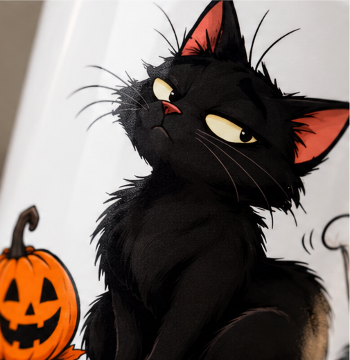 Close-up of black cat and pumpkin print on Halloween ceramic mug