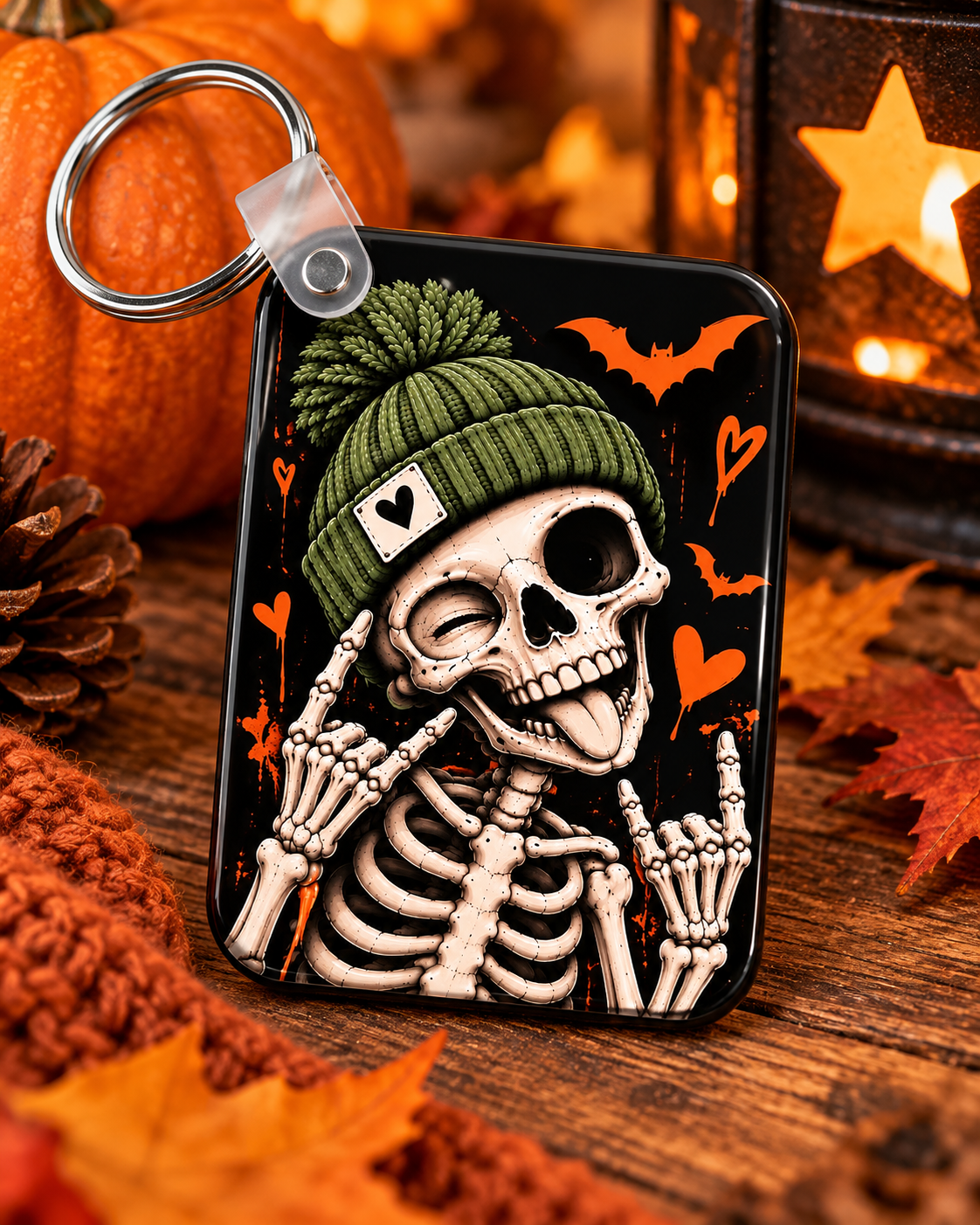 Green beanie skeleton Halloween keychain with spooky seasonal design