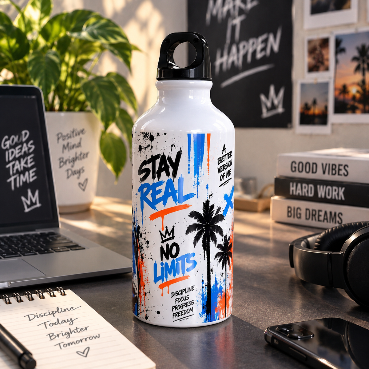  Reusable 400ml graffiti water bottle with Stay Real motivational design