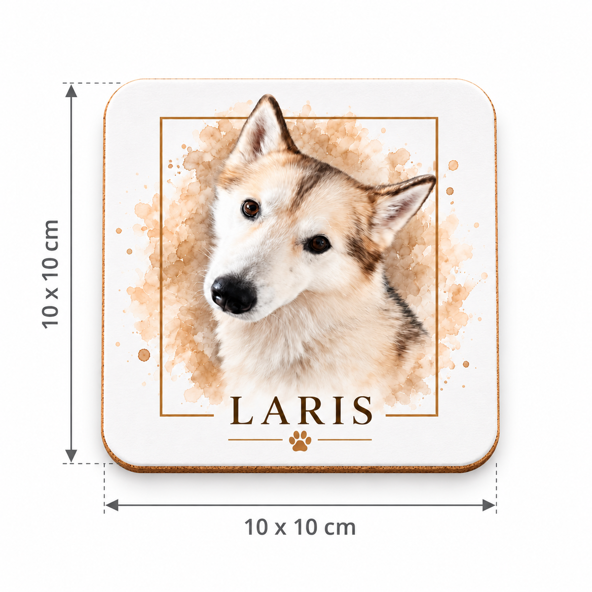 10 x 10 cm personalized pet photo coaster with cork backing
