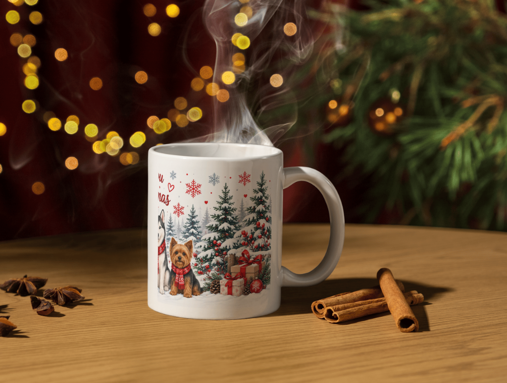 Christmas dog mug in cozy holiday setting