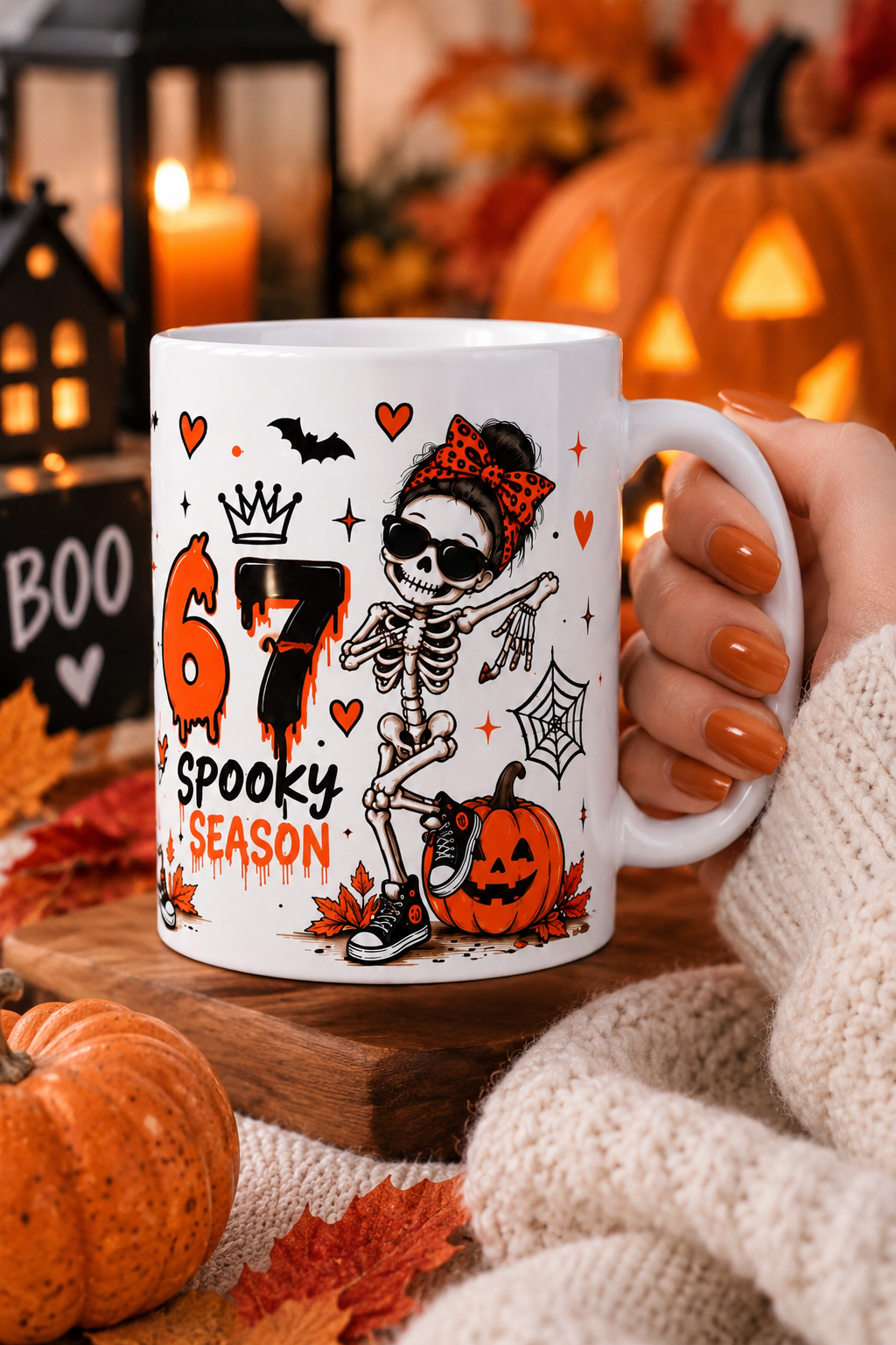  67 Spooky Season mug with skeleton and pumpkin Halloween design