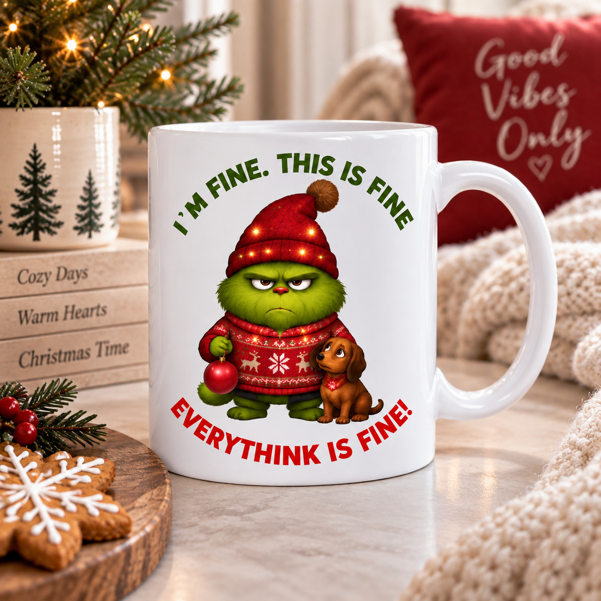Christmas coffee mug with grumpy green character in a cozy festive kitchen setting