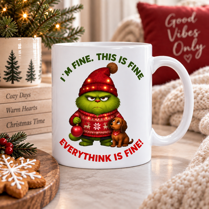 Christmas coffee mug with grumpy green character in a cozy festive kitchen setting