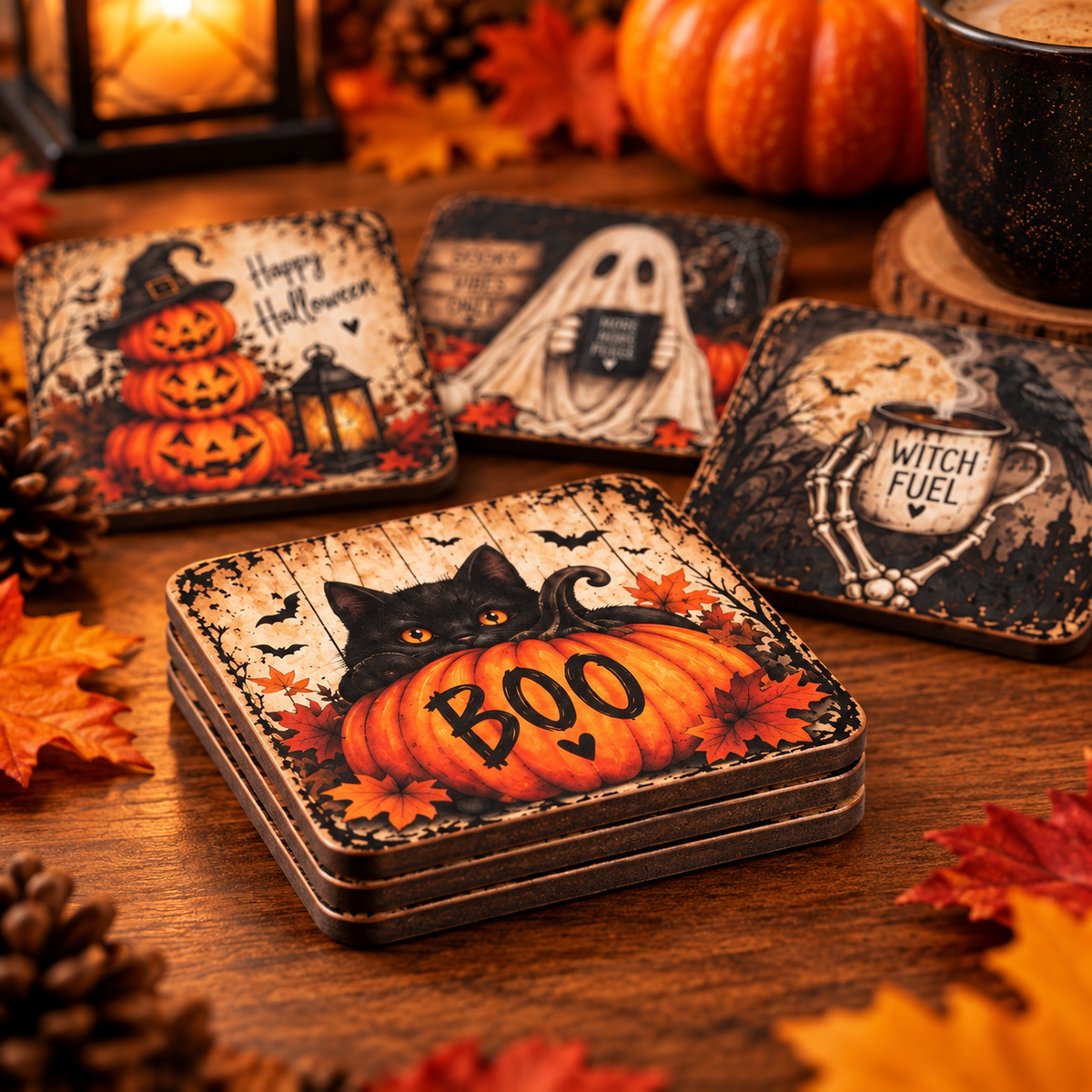 Close-up of vintage Halloween coasters with black cat, pumpkin, ghost and witch fuel designs.