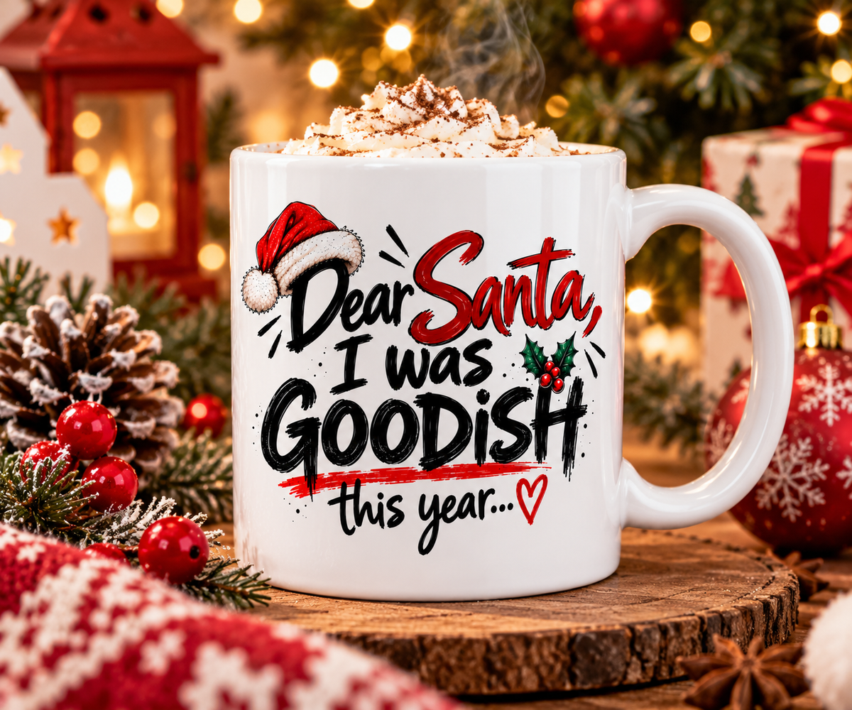 Funny Dear Santa Goodish Christmas mug filled with hot chocolate and whipped cream beside festive decorations and Christmas lights.