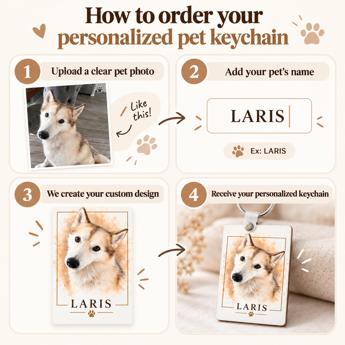 How to order a personalized pet photo keychain with photo upload and pet name
