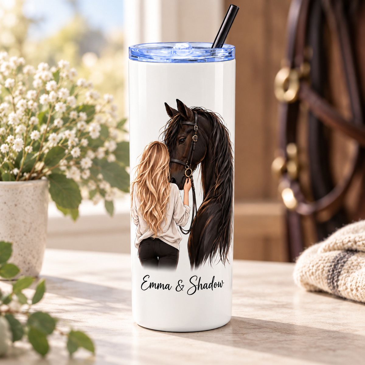 Personalized horse tumbler displayed in equestrian lifestyle setting