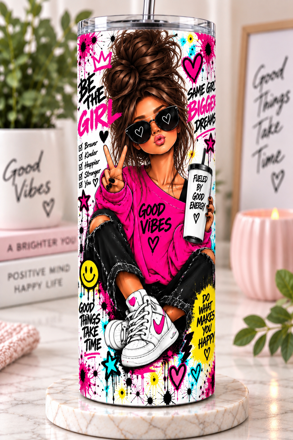 Good vibe tumbler with brunet hair.