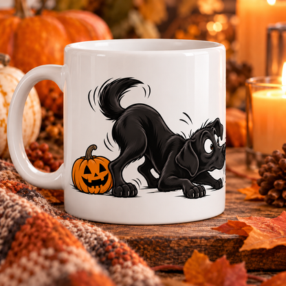   Labrador Halloween mug with ghost and pumpkin in a cosy autumn setting