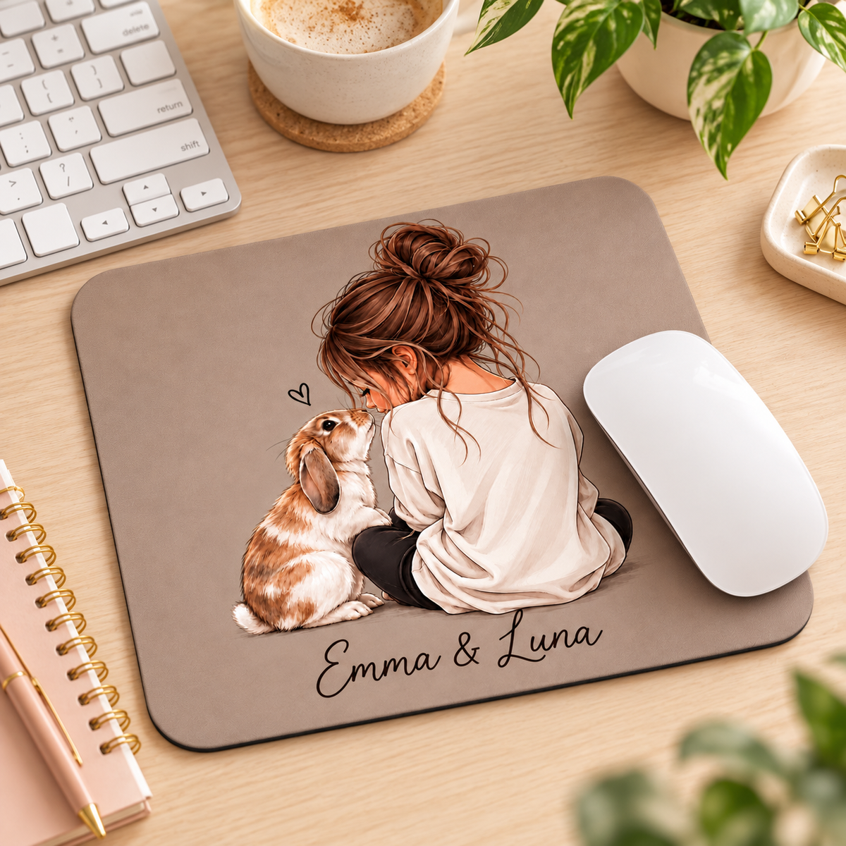 Personalized bunny mouse pad with custom names on a home office desk