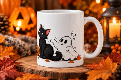  Black Cat Halloween Mug with ghost and pumpkin in an autumn Halloween setting