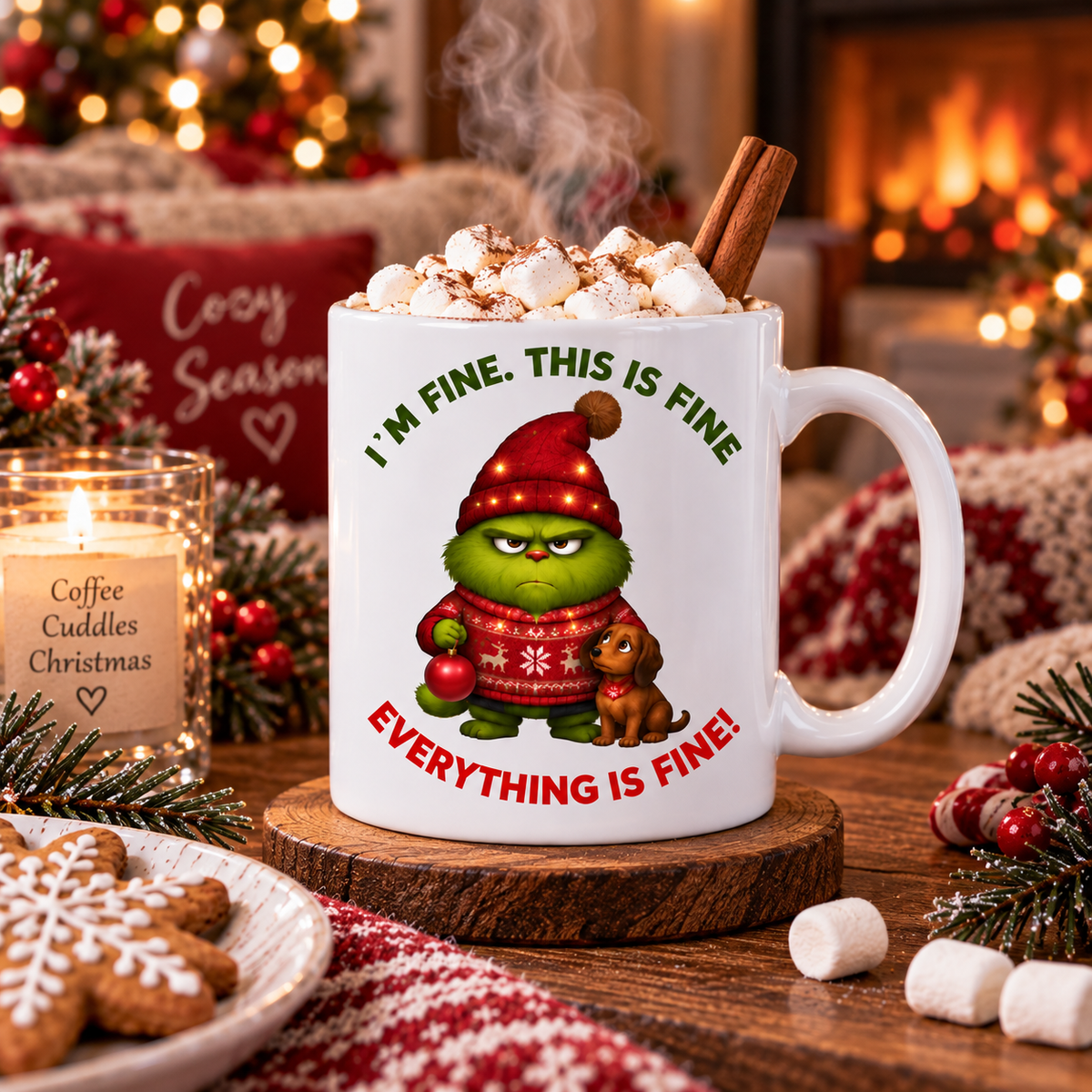 I'm Fine This Is Fine funny Christmas mug with hot drink and marshmallows