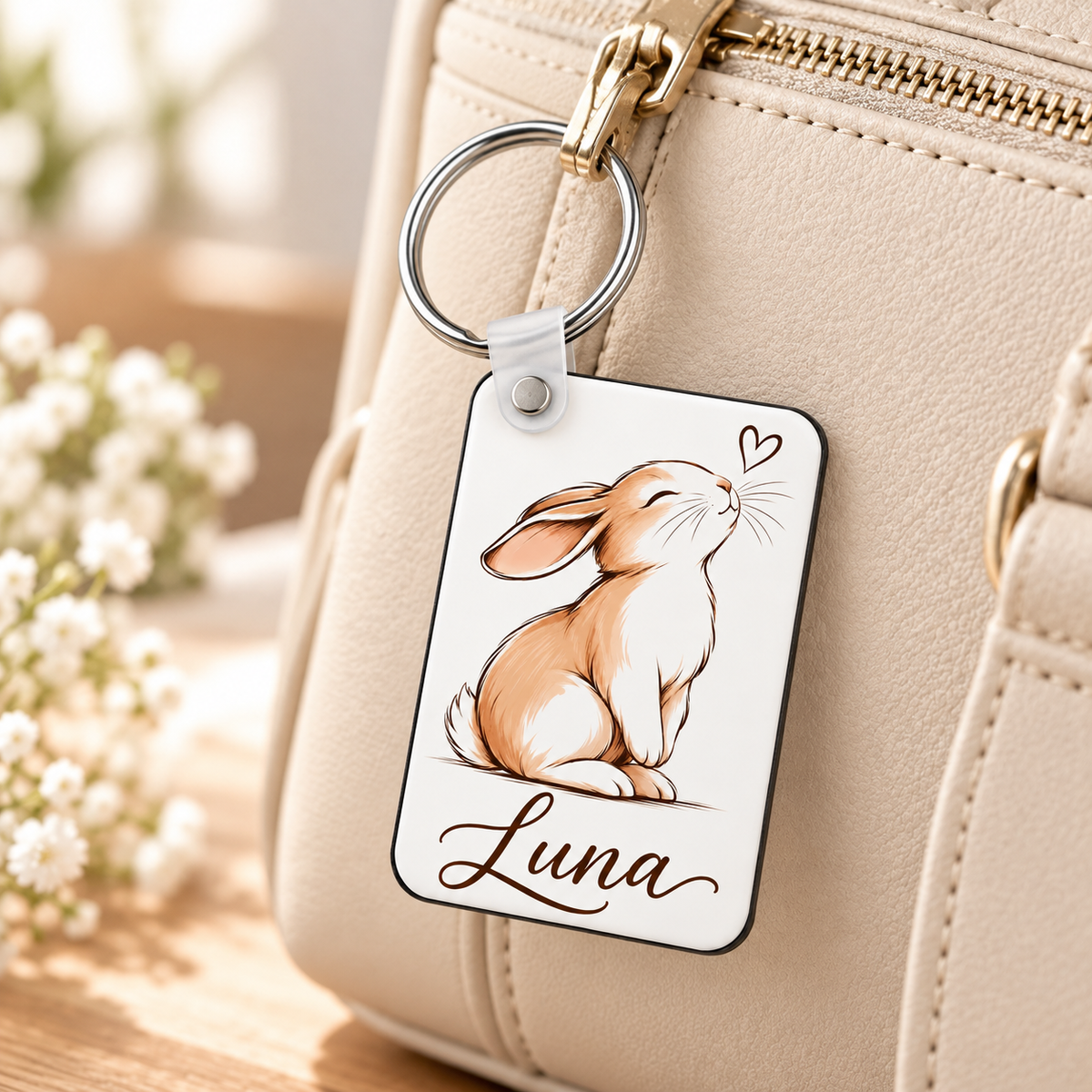 Personalized bunny keychain attached to a cream handbag