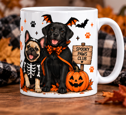 Halloween dog mug with spooky dressed dogs, bats, pumpkins and paw prints