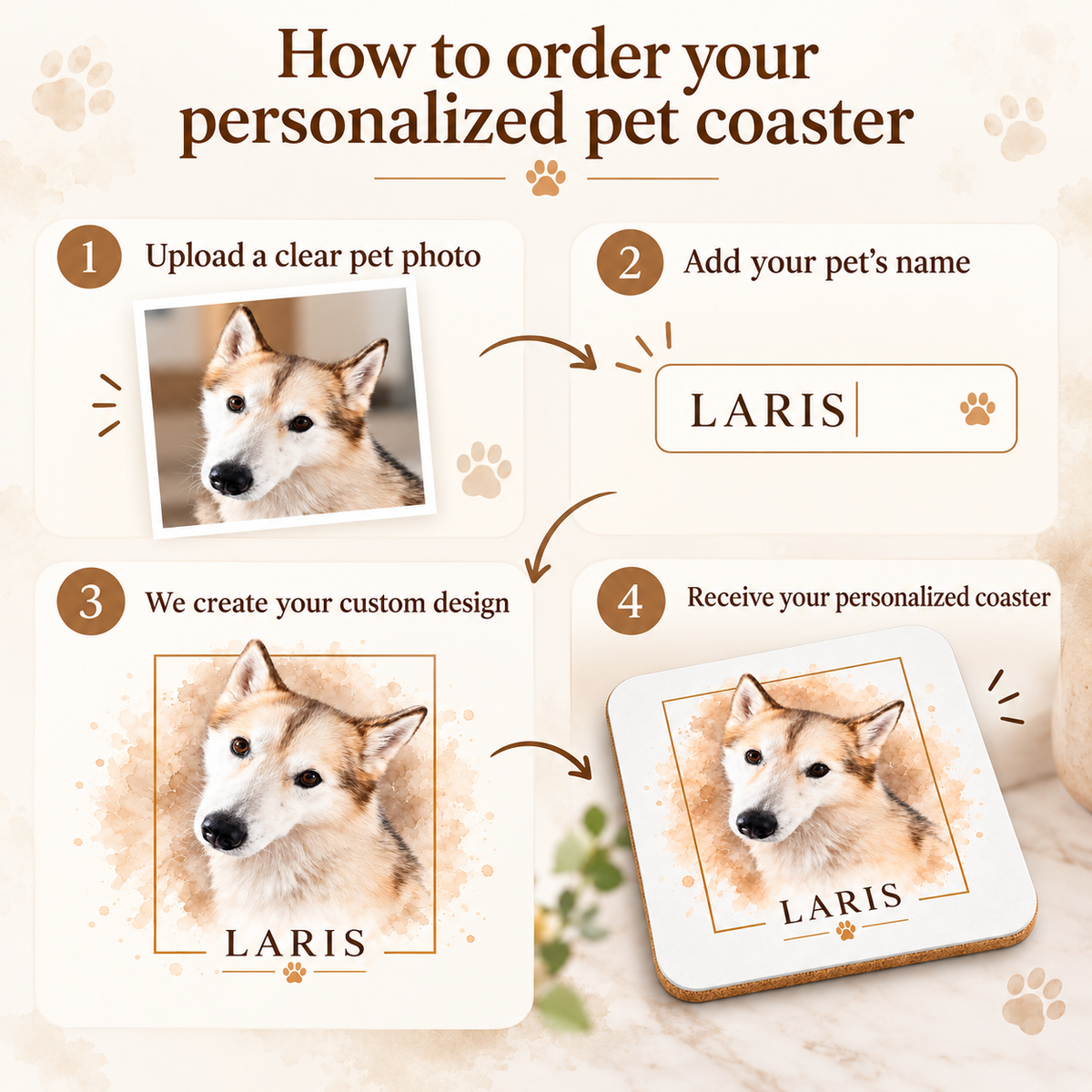 How to order a personalized pet photo coaster with photo upload and pet name
