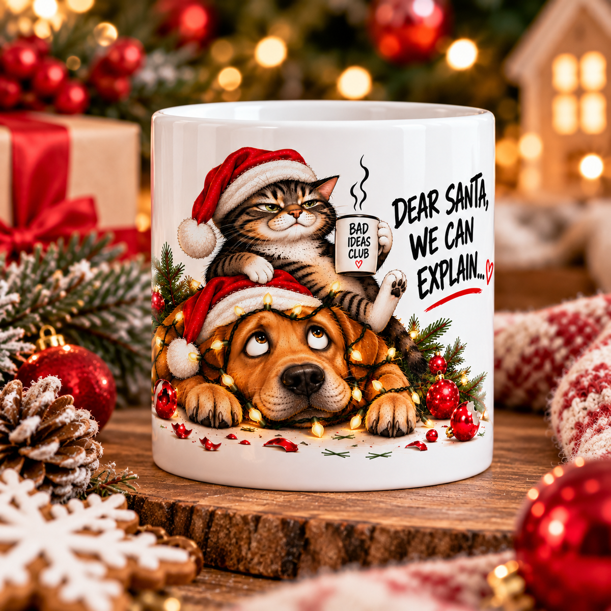 Funny Christmas cat and dog mug with Dear Santa We Can Explain design displayed among festive decorations and Christmas lights.