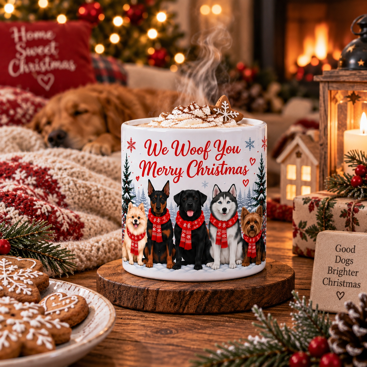 Festive dog mug with snowy forest wraparound design