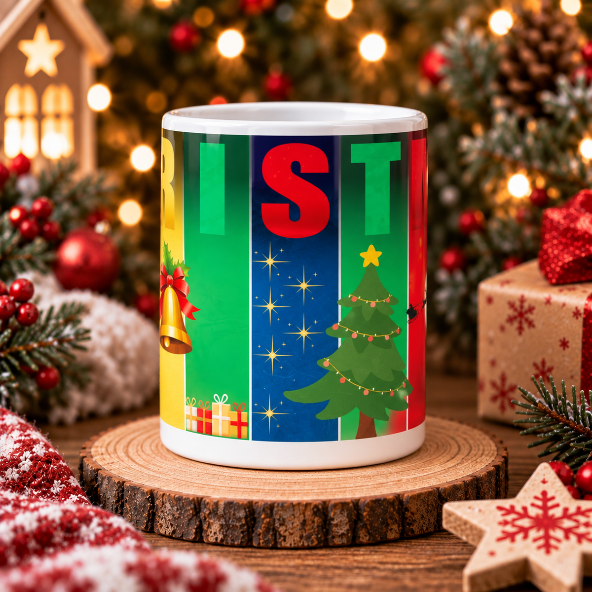 Christmas ceramic mug showing colorful festive wraparound design