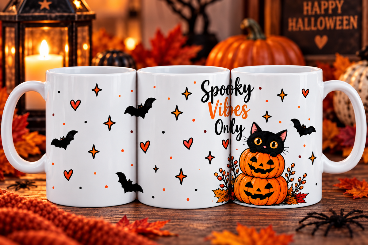 Spooky Vibes Only Halloween mug with black cat and pumpkins
