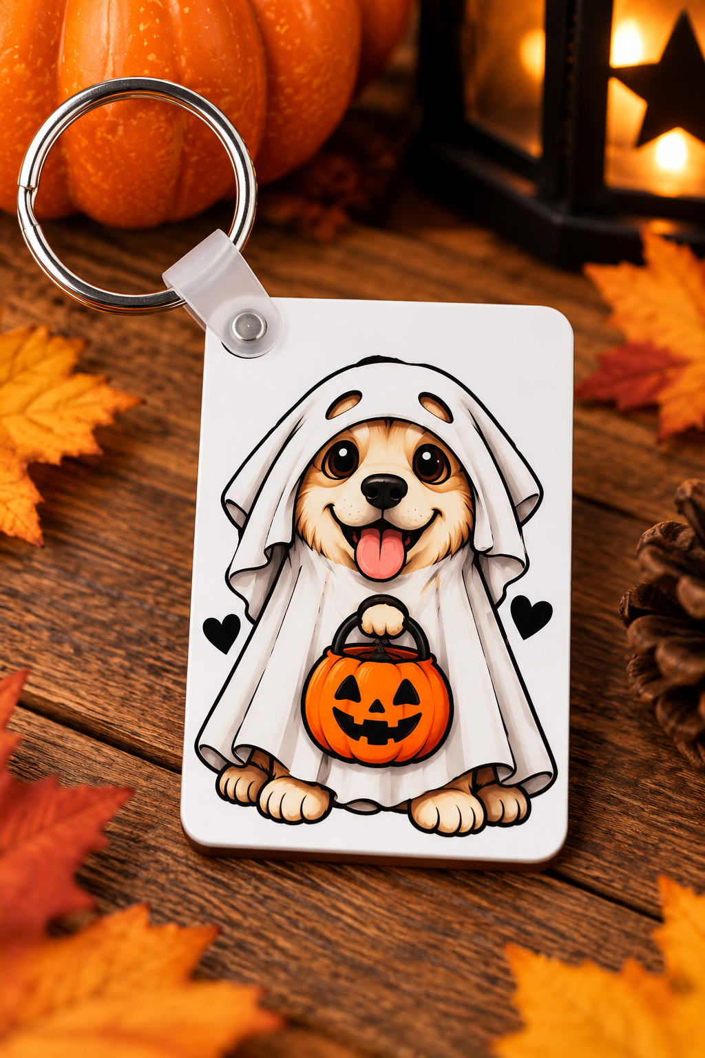 Cute dog ghost Halloween keychain holding a pumpkin bucket