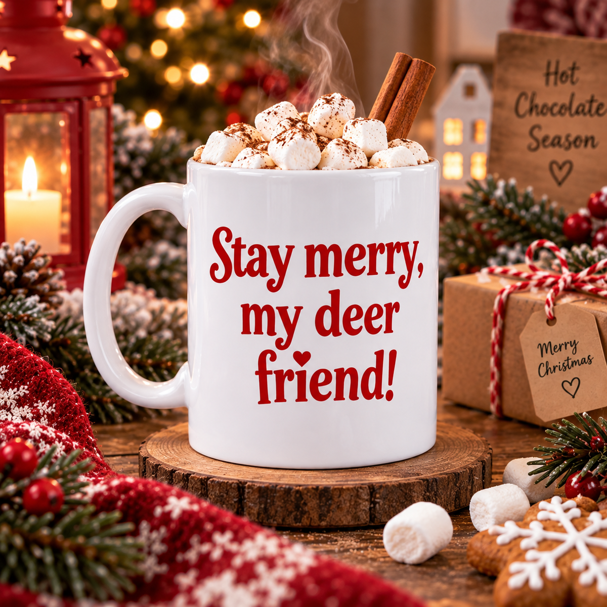  Reindeer Christmas mug with marshmallows in a cozy holiday setting