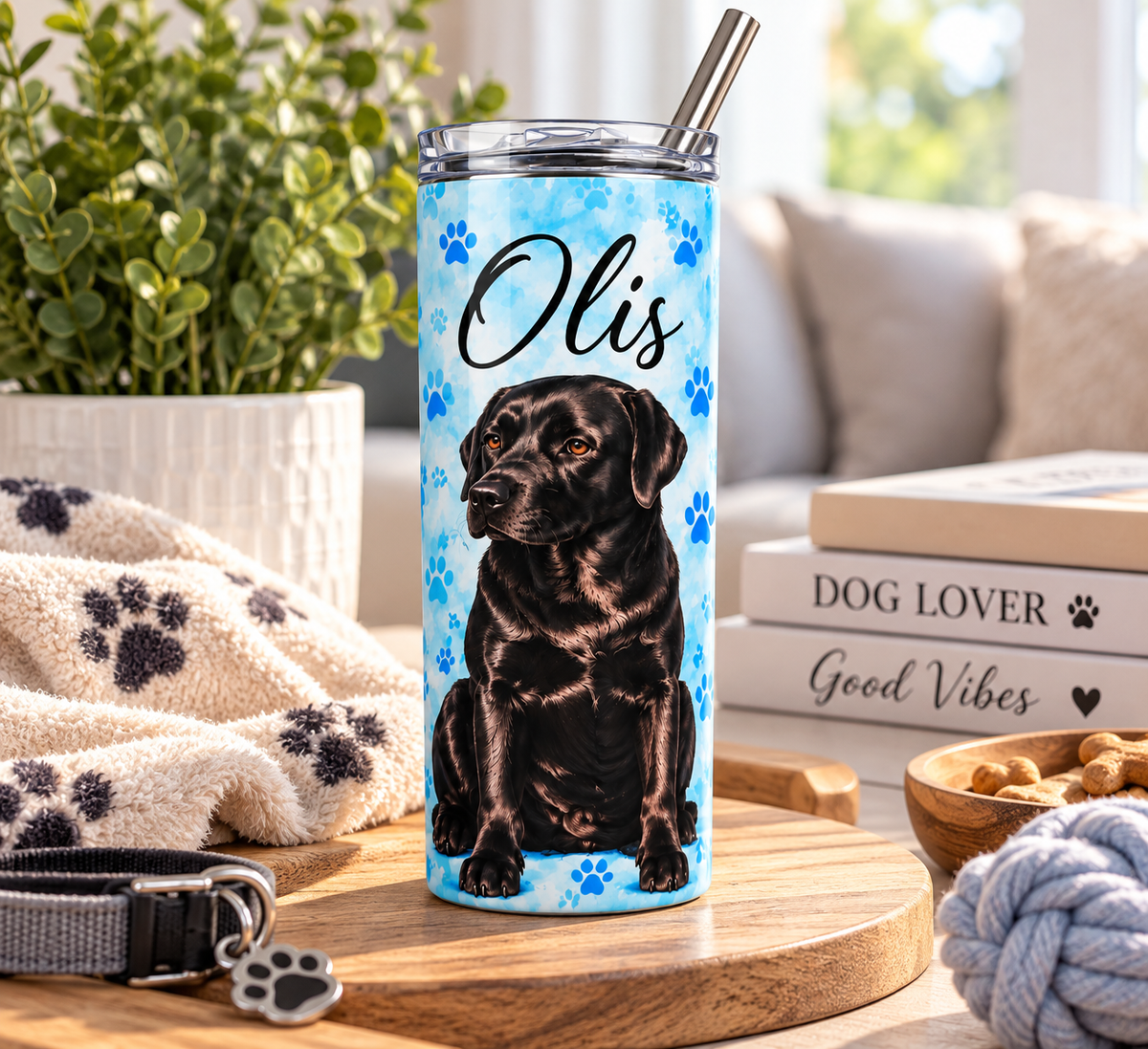Personalized Olis dog tumbler with metal straw on a wooden table