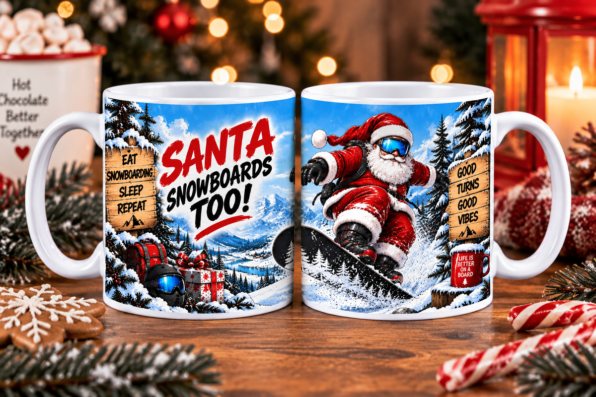 Snowboarding: Santa Snowboards Too Christmas mug for snowboard lovers