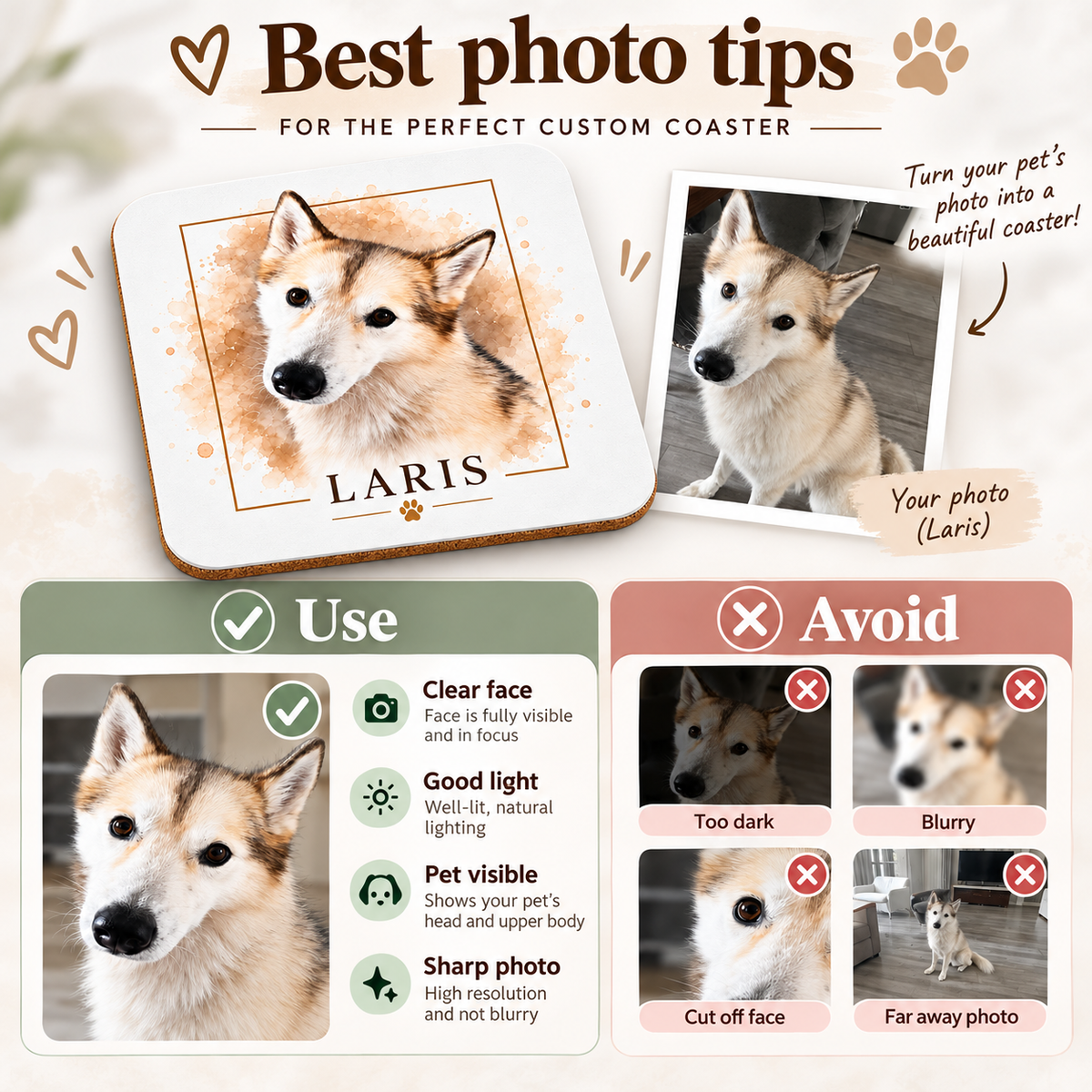 Photo tips for creating a personalized custom pet portrait coaster