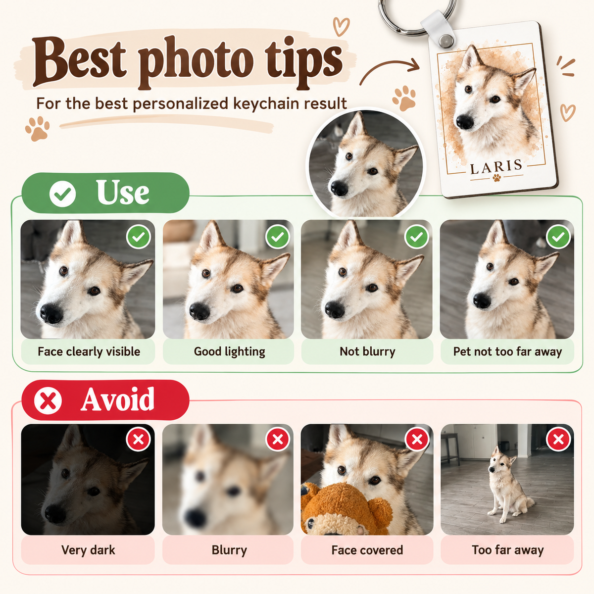 Photo tips for creating a personalized pet portrait keychain
